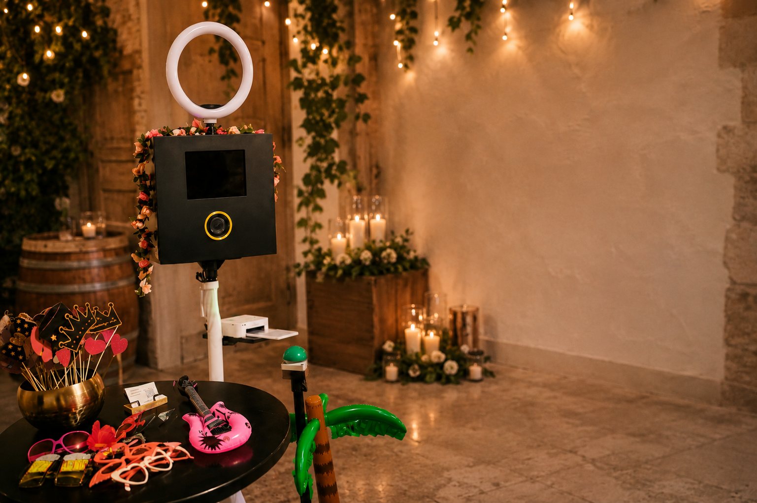 Aufgebaute CoNi Fotobox mit Ringlicht, Drucker und Requisiten bei einer Feier