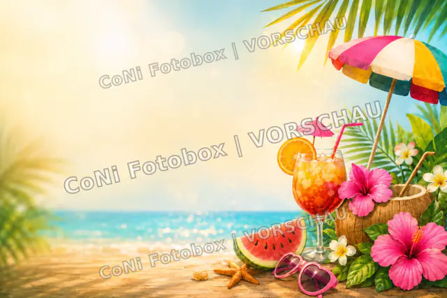 Fotobox-Startscreen mit Strandmotiv für eine Sommerfeier